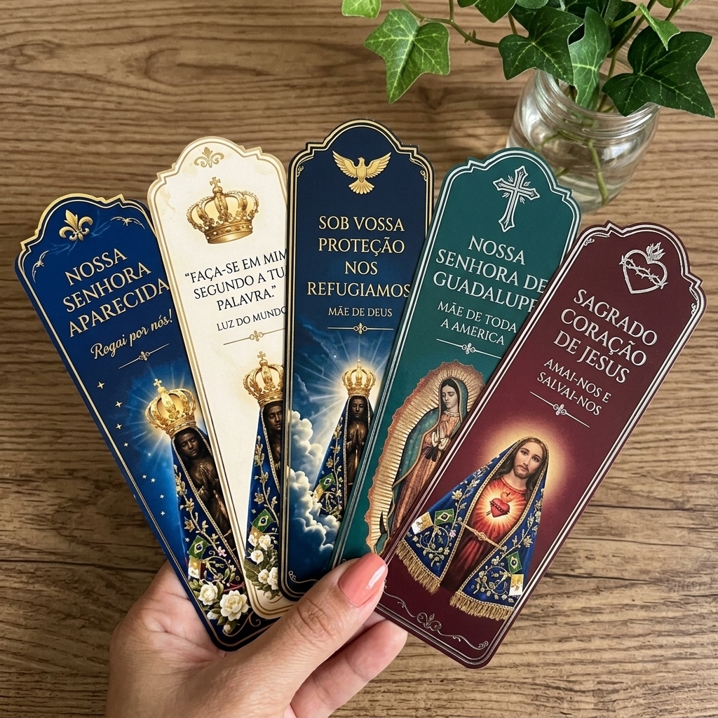 Cinco marcadores católicos premium em leque, com Nossa Senhora Aparecida, Guadalupe e Sagrado Coração de Jesus