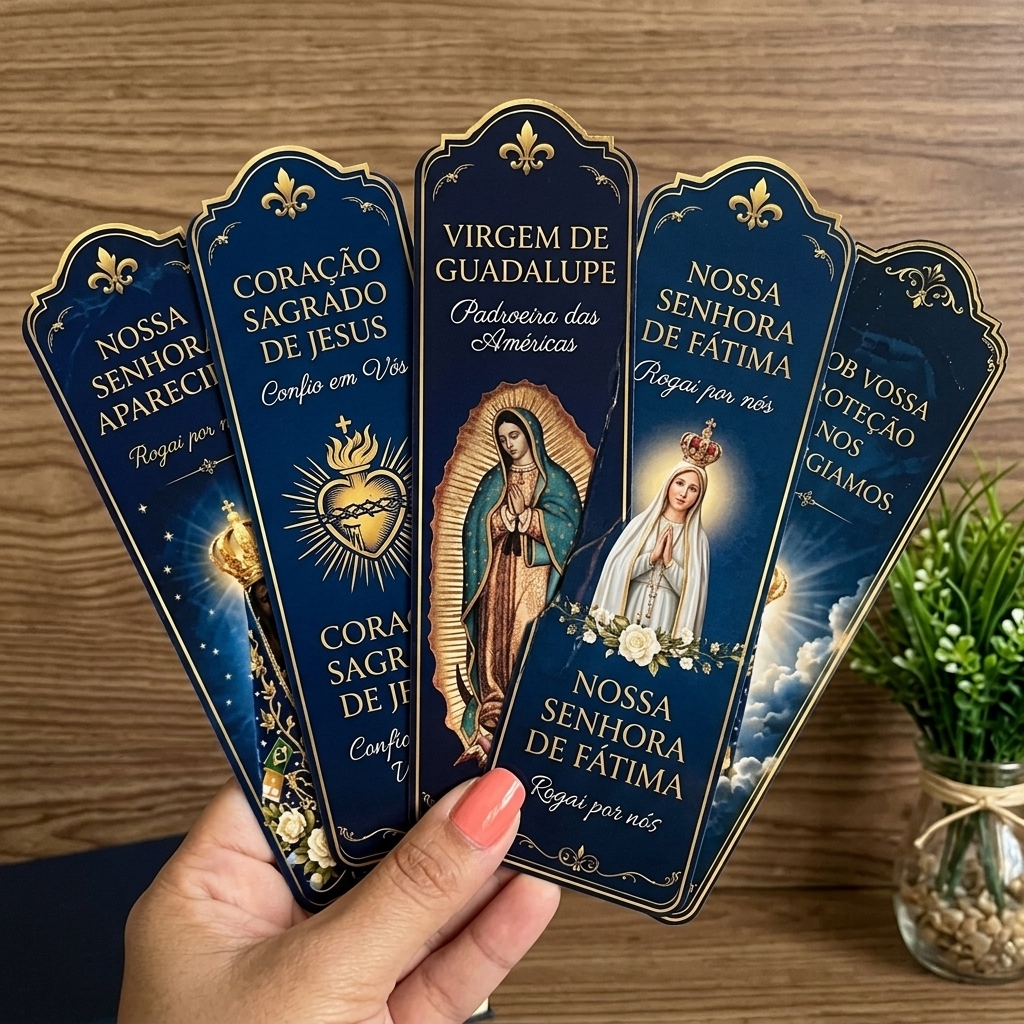 Marcadores azul marinho com detalhes dourados de Guadalupe, Fátima e Sagrado Coração