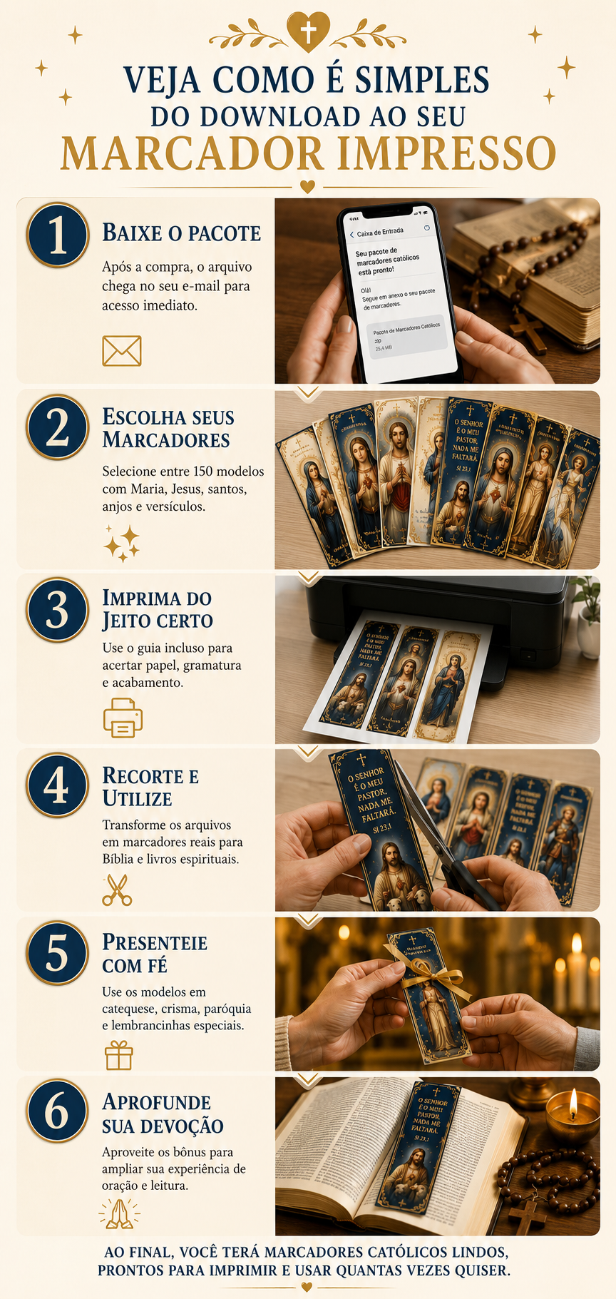 Veja como é simples: do download ao seu marcador impresso em 6 passos — baixe o pacote, escolha seus marcadores, imprima do jeito certo, recorte e utilize, presenteie com fé e aprofunde sua devoção