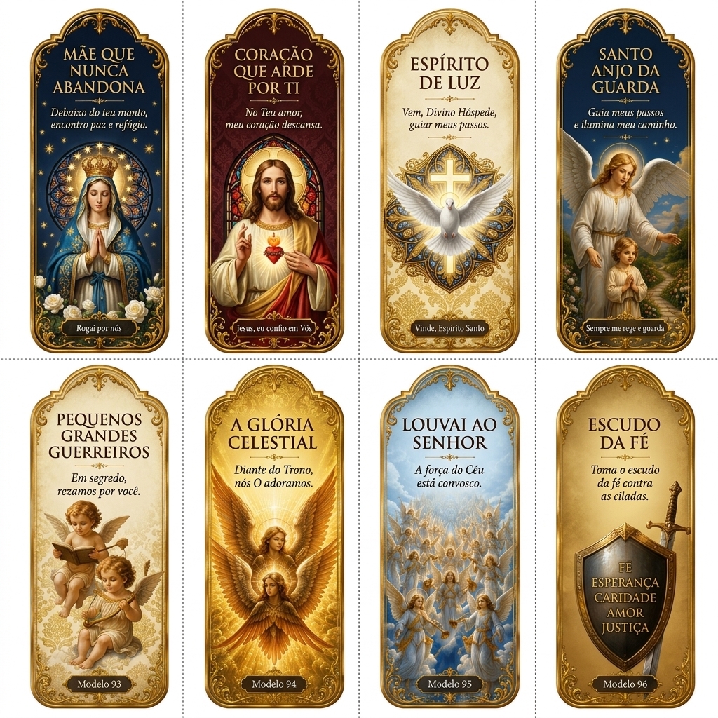 Grade com oito marcadores católicos premium: Mãe que Nunca Abandona, Coração que Arde por Ti, Espírito de Luz, Santo Anjo da Guarda, Pequenos Grandes Guerreiros, A Glória Celestial, Louvai ao Senhor e Escudo da Fé